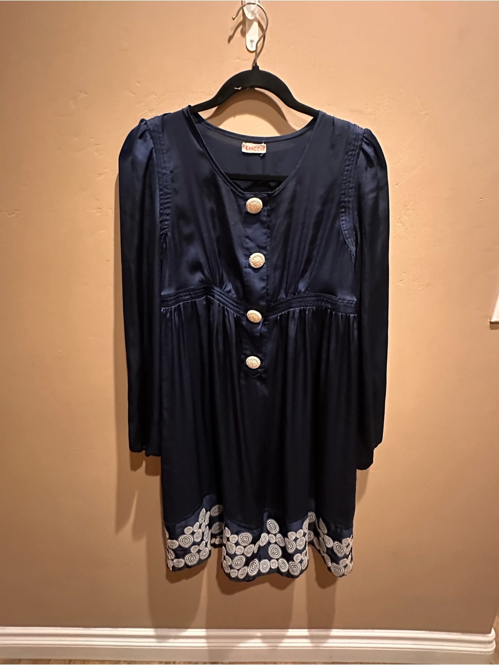 Navy Long-Sleeve Embroidered Hem Dress with Statement Buttons